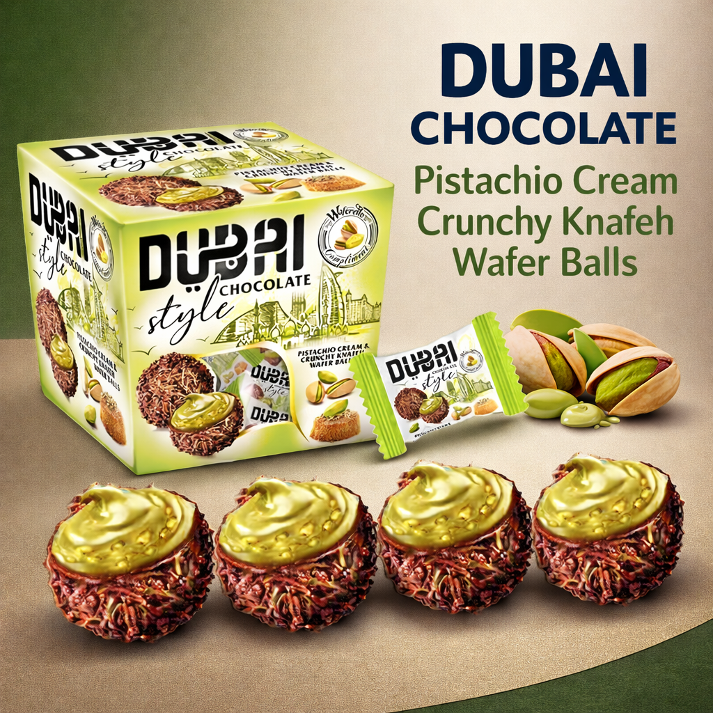 Dubai Chocolate Pistachio Cream Crunchy Knafeh Wafer Balls packaging with product display.